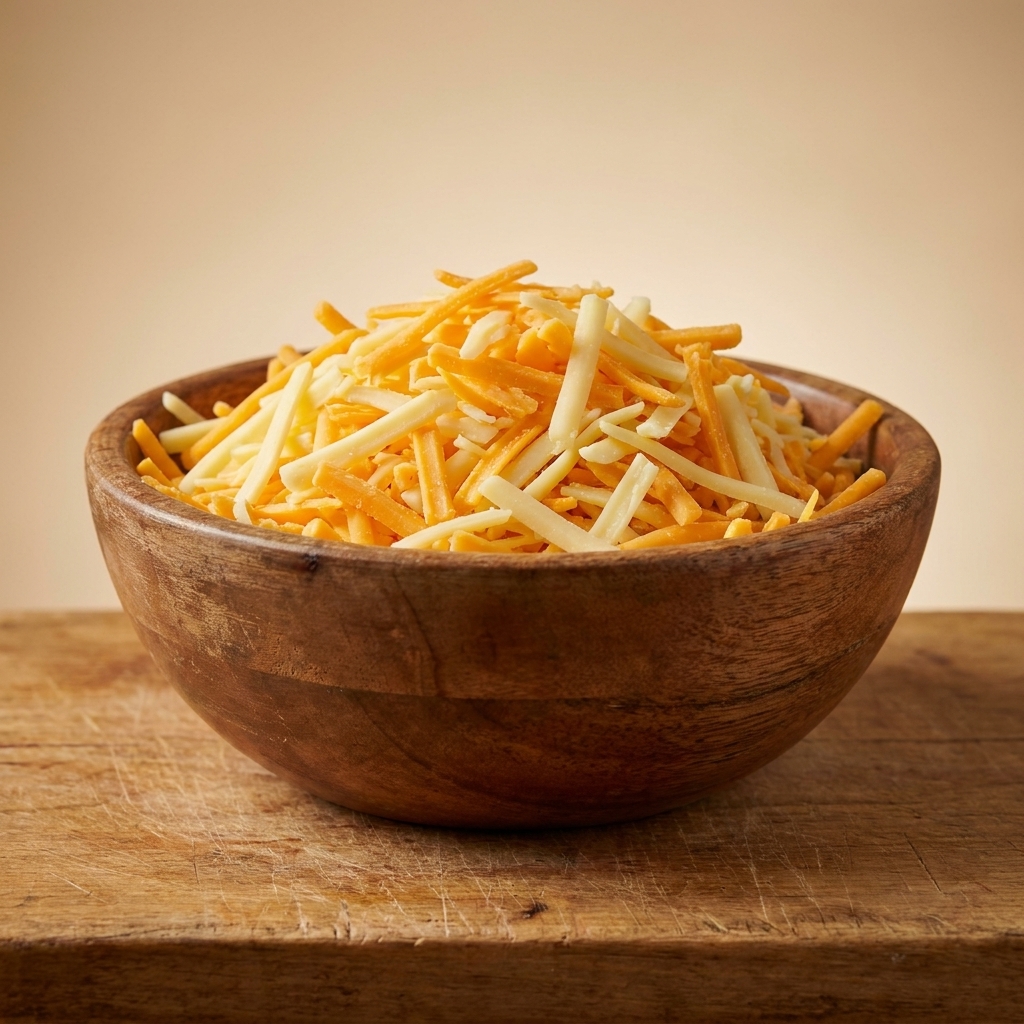 A bowl filled with freshly shredded cheddar and Monterey Jack cheese on a wooden cutting board