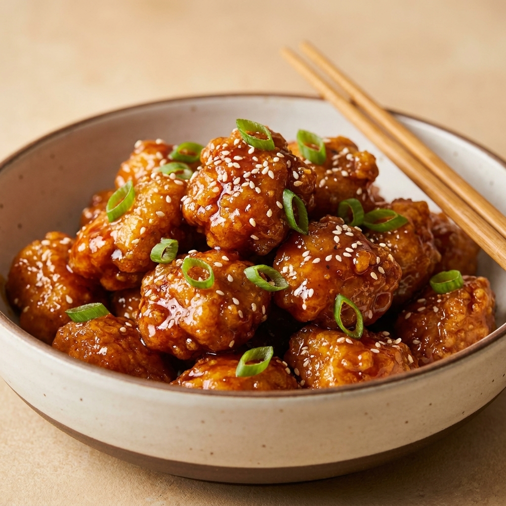 A bowl of crispy orange chicken coated in glossy orange sauce, topped with sesame seeds and sliced green onions, with chopsticks resting on the rim