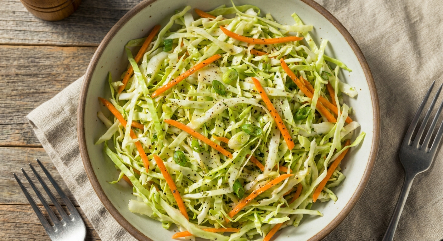 A bowl of shredded green cabbage slaw with thinly sliced carrots and green onions tossed in a light vinaigrette