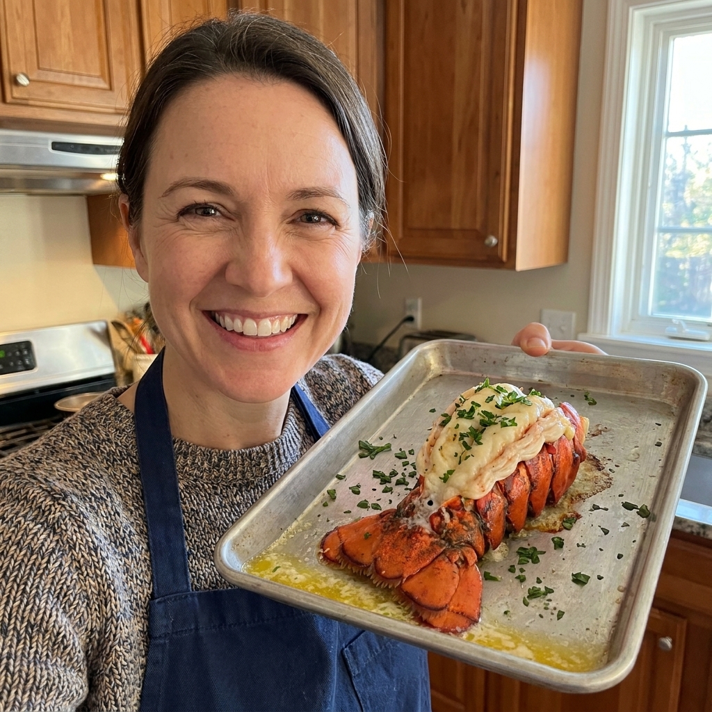 A broiled lobster tail split open in its shell, topped with melted butter and chopped parsley on a small sheet pan in a home kitchen