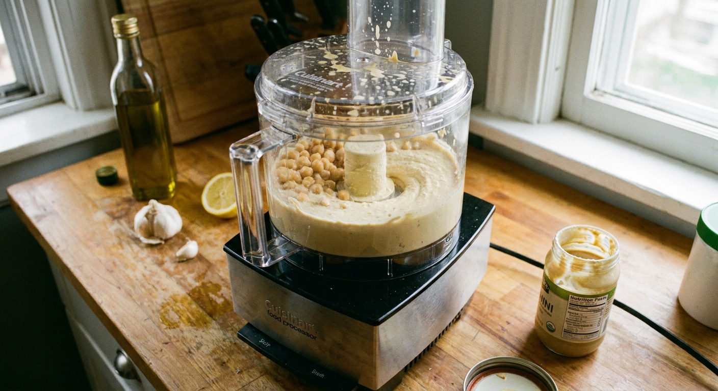 A food processor on a kitchen counter blending chickpeas and tahini into a pale, creamy hummus