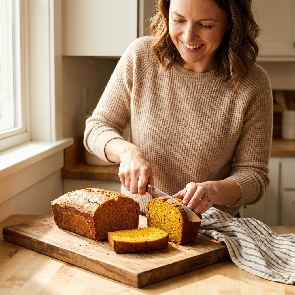 A freshly baked pumpkin bread loaf sliced on a wooden cutting board, showing a moist orange crumb, with a kitchen towel nearby