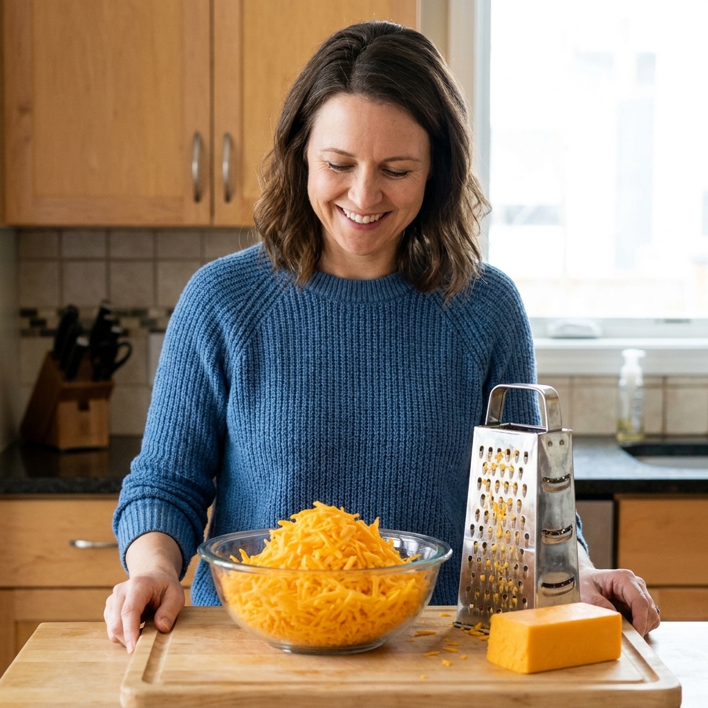 A glass bowl filled with freshly grated cheddar cheese on a wooden cutting board