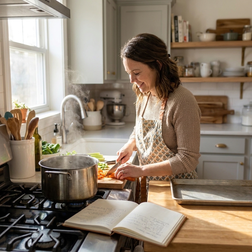 A home cook chopping vegetables on a cutting board beside a sheet pan and a pot on the stove in a warm, lived-in kitchen