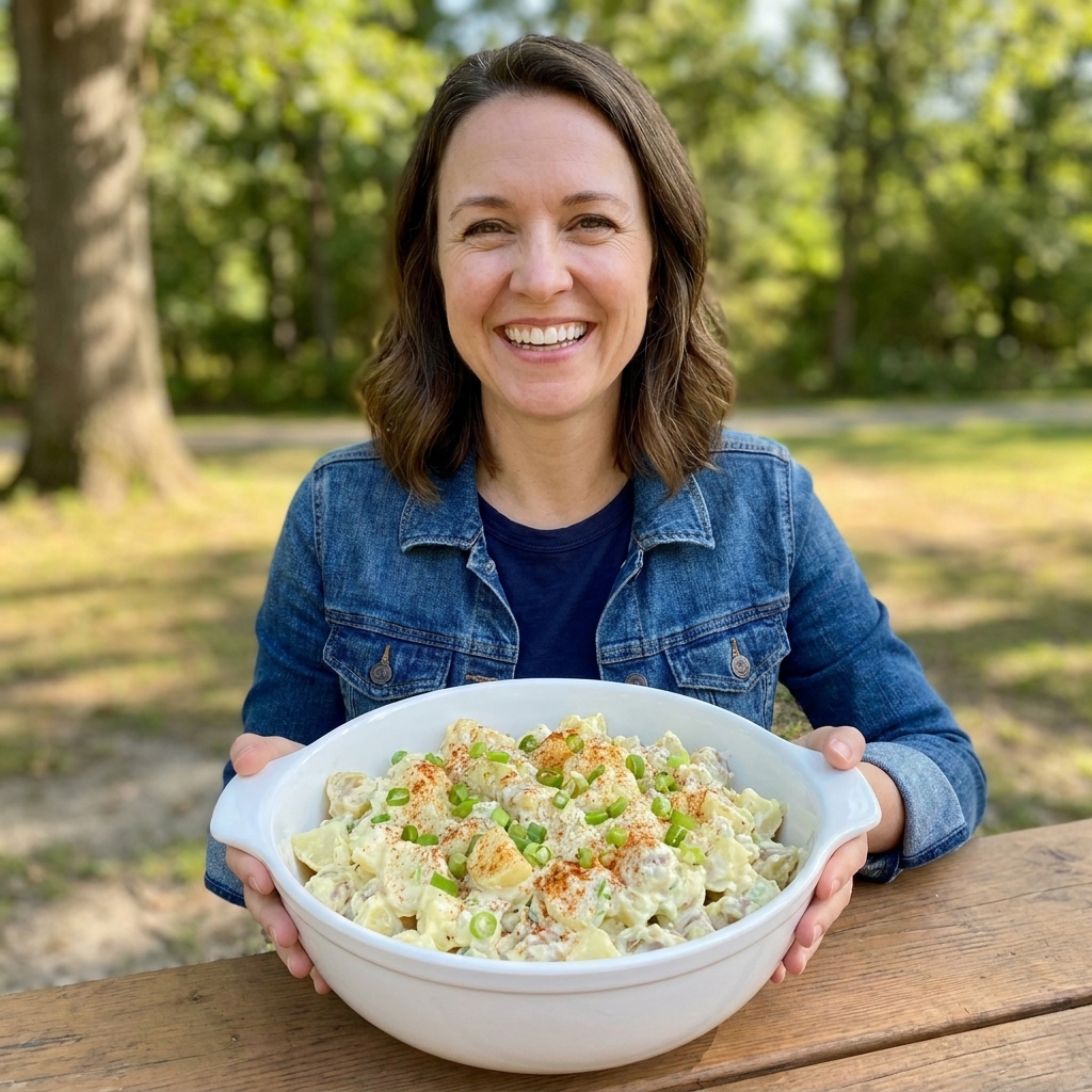 A large white serving bowl filled with creamy potato salad with visible chunks of potato, sliced green onion, and paprika sprinkled on top on a picnic table