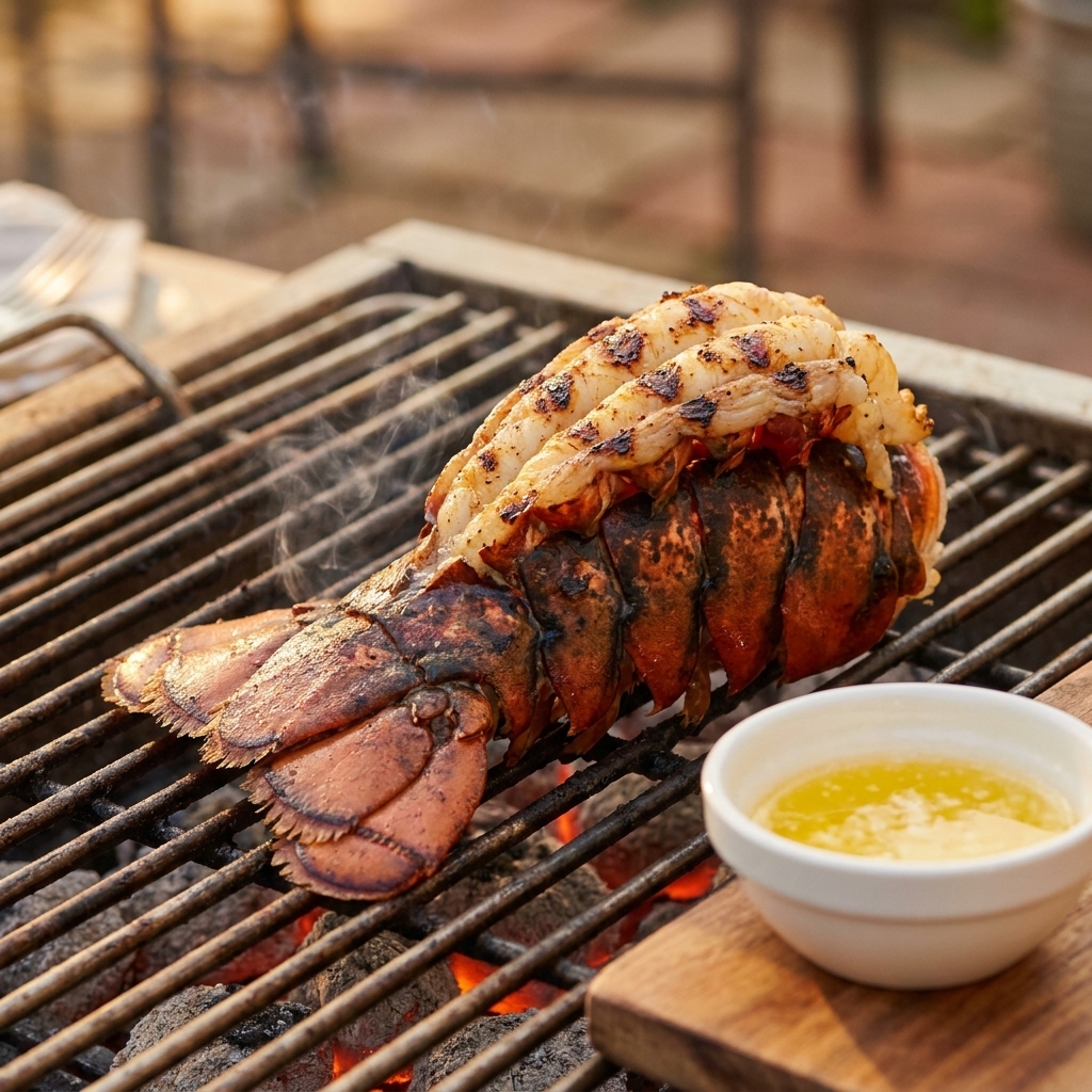 A lobster tail cooking shell-side down on a hot grill grate with visible grill marks and a small bowl of melted butter nearby