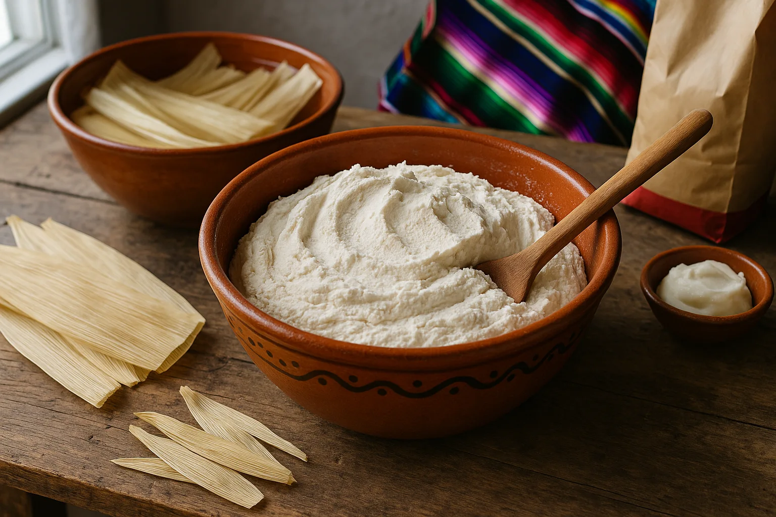 A mixing bowl filled with fluffy pale masa dough with a spoon showing a soft, spreadable texture