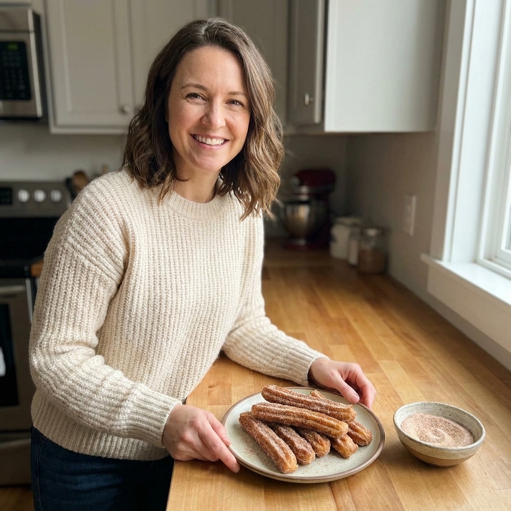 A plate of cinnamon sugar churros on a kitchen counter with a small bowl of cinnamon sugar nearby