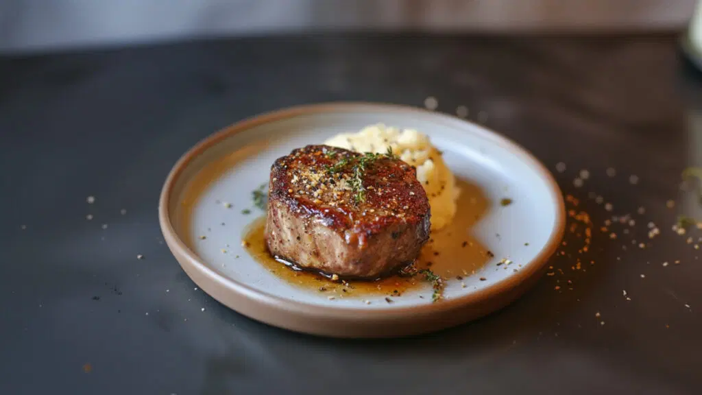 A plated filet mignon topped with herb butter, served with roasted vegetables on a white dinner plate