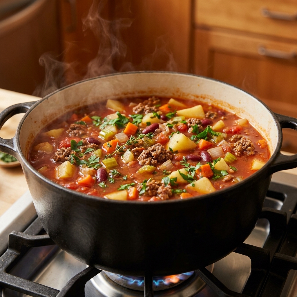 A pot of hearty hamburger soup with ground beef, diced vegetables, and herbs simmering in a tomato-beef broth on a stovetop