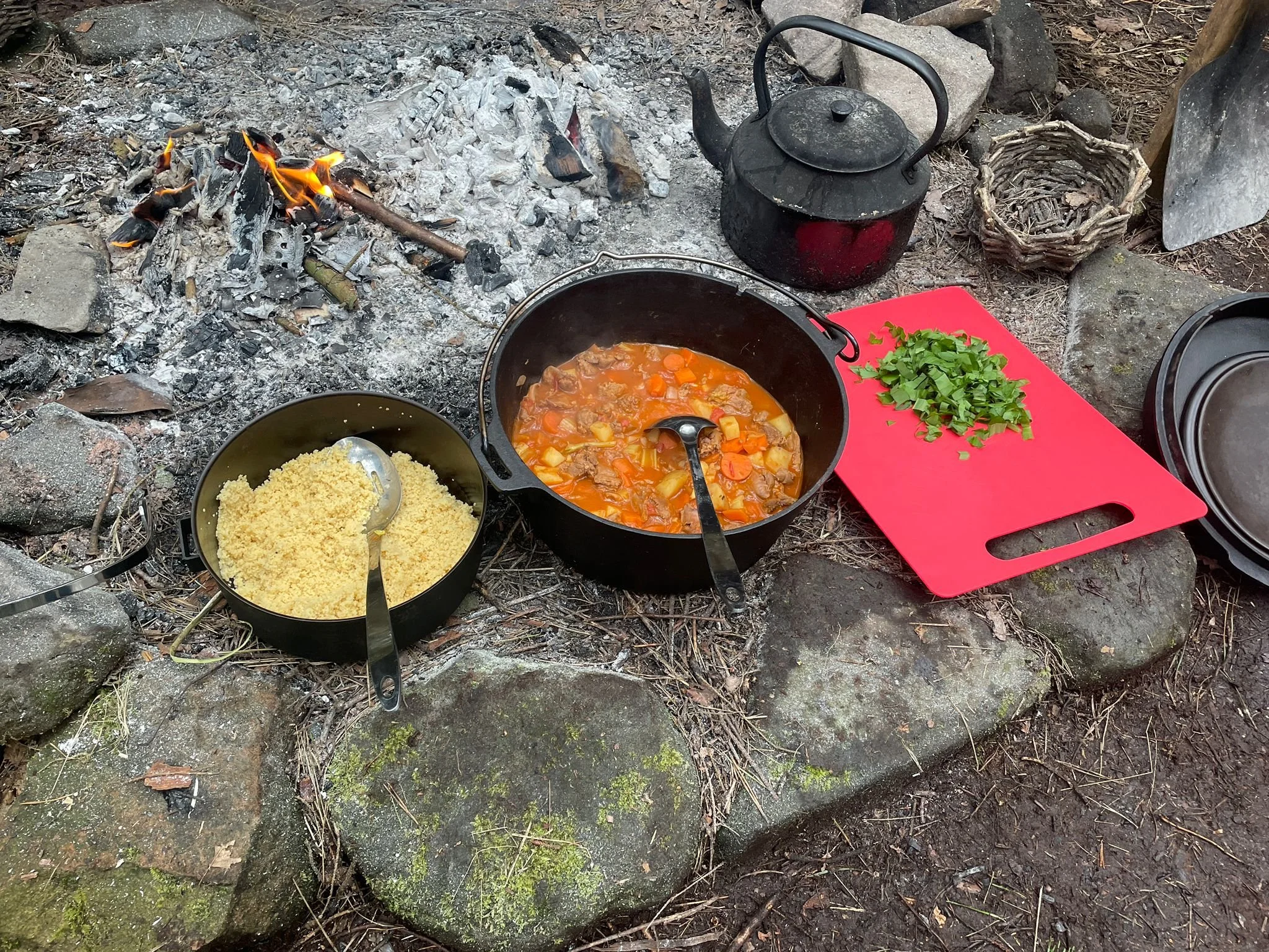 A pot of venison stew simmering in a Dutch oven with visible chunks of venison, potatoes, carrots, and onions in a rich brown broth