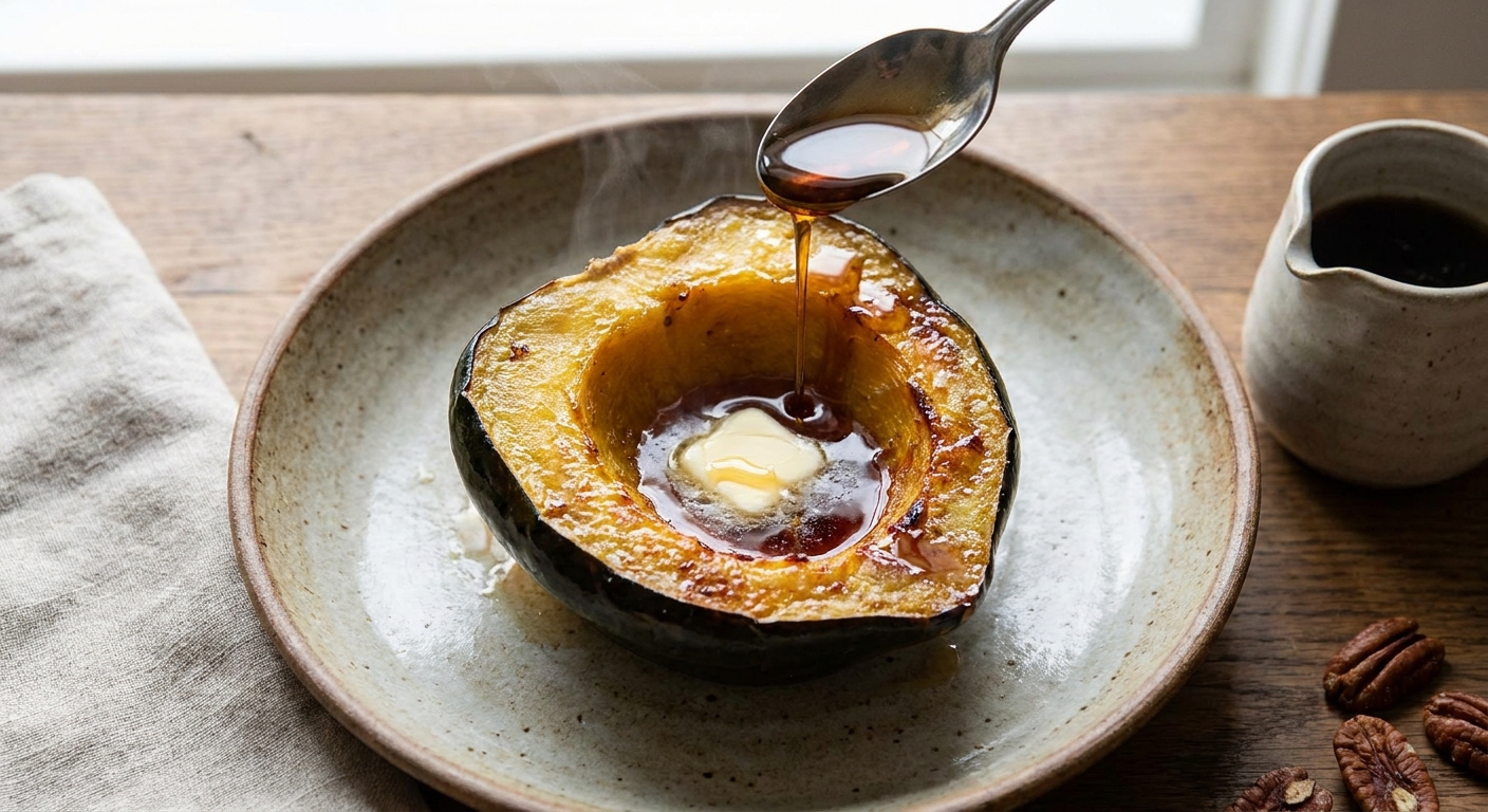 A roasted acorn squash half on a plate being drizzled with maple syrup from a spoon, with a small pat of butter melting into the flesh