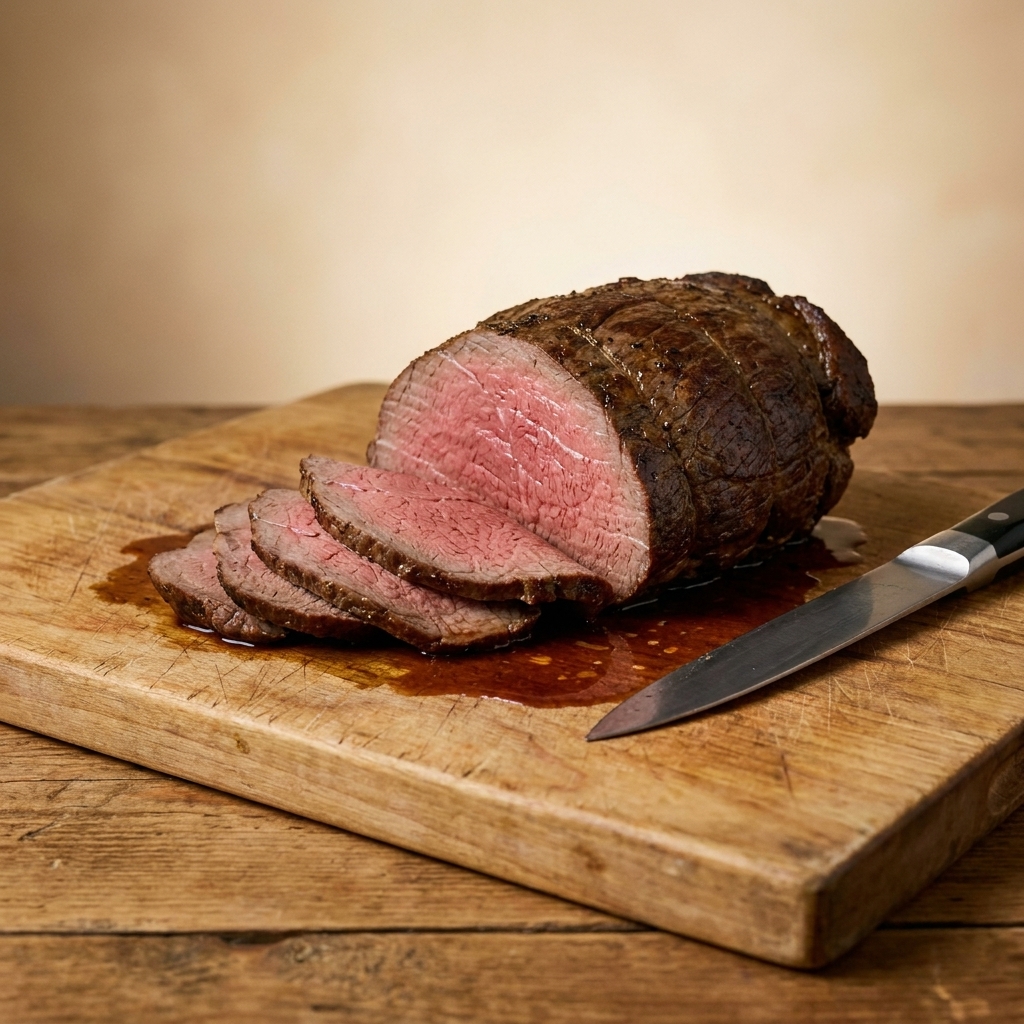A roasted sirloin tip roast resting on a cutting board with juices collected, partially sliced into thin pieces