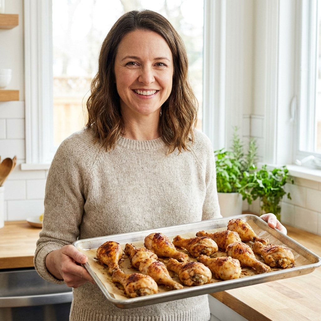 A sheet pan of crispy baked chicken drumsticks with golden-brown skin resting on parchment paper, photographed in a bright home kitchen