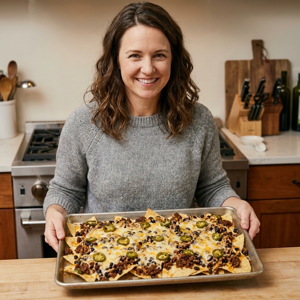 A sheet pan of nachos with evenly melted cheese, black beans, seasoned ground beef, and scattered jalapeño slices on a kitchen counter