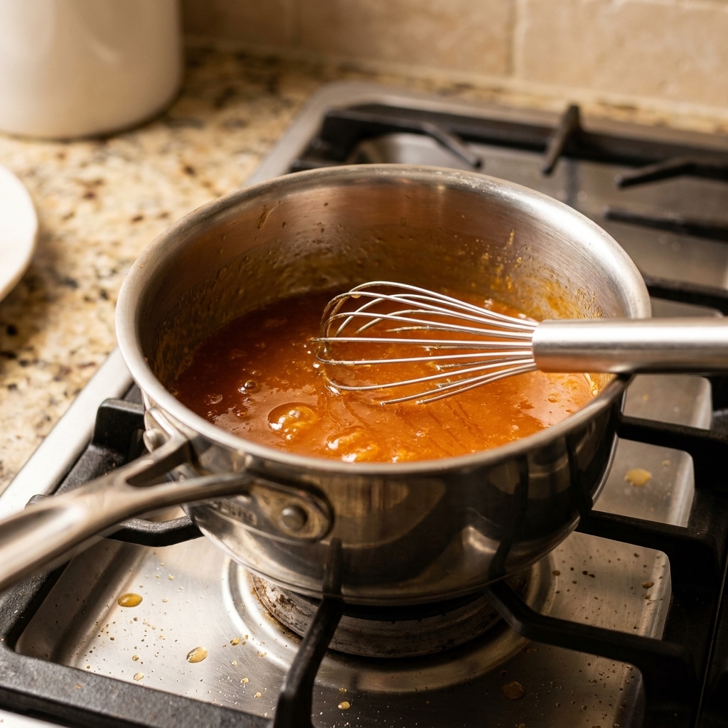 A small saucepan on a stove with glossy orange sauce simmering and a whisk resting inside