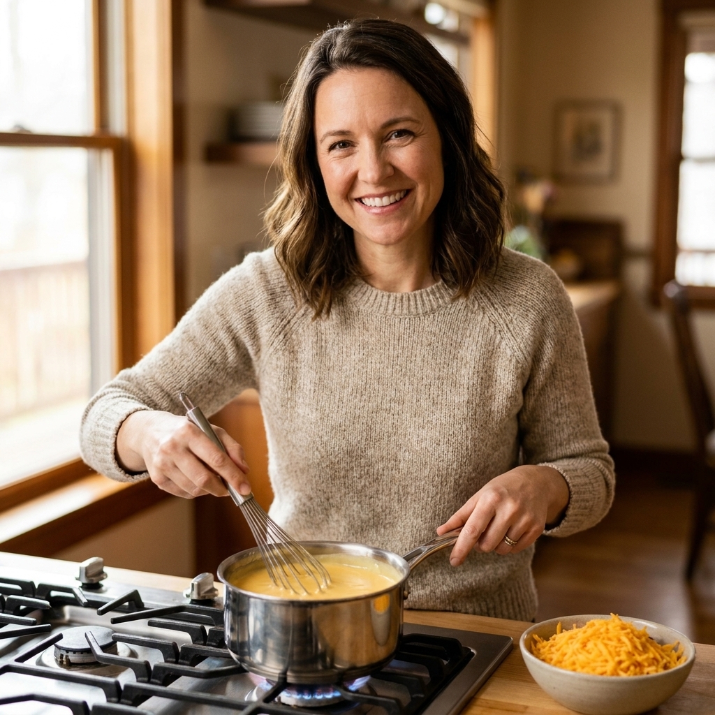 A small saucepan on a stovetop with glossy, smooth cheese sauce being whisked, with grated cheddar nearby