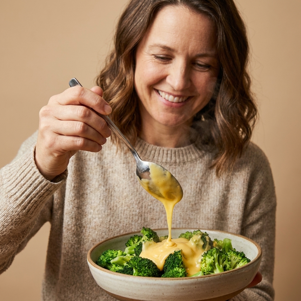 A spoon pouring warm cheese sauce over a bowl of steamed broccoli florets
