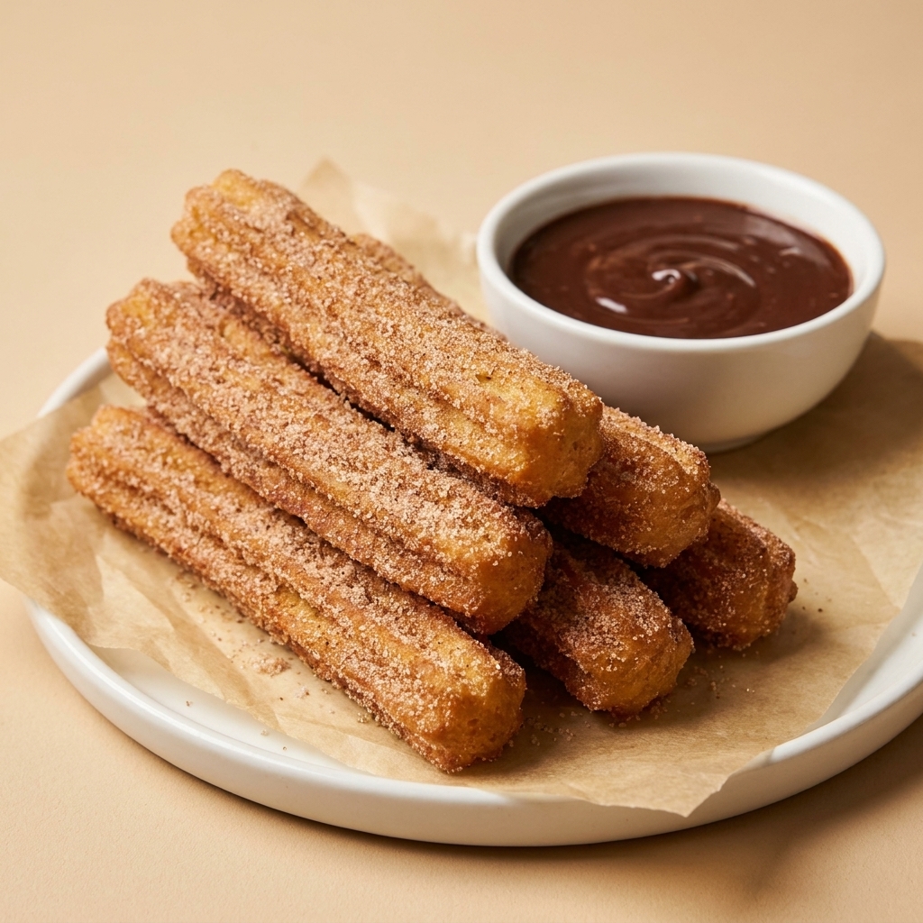 A stack of freshly fried churros coated in cinnamon sugar on a parchment-lined plate, with a small bowl of chocolate dipping sauce nearby