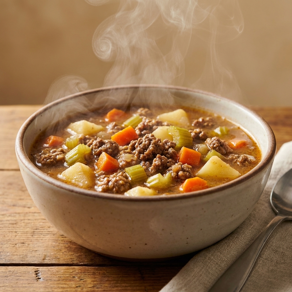 A steaming bowl of hamburger soup with ground beef, carrots, celery, and potatoes in a savory broth on a kitchen table