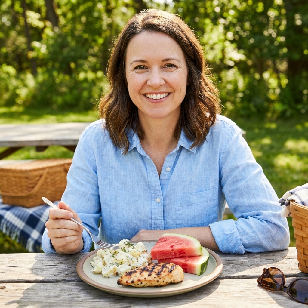 A summer picnic plate with a scoop of creamy potato salad next to grilled chicken and sliced watermelon on a wooden table