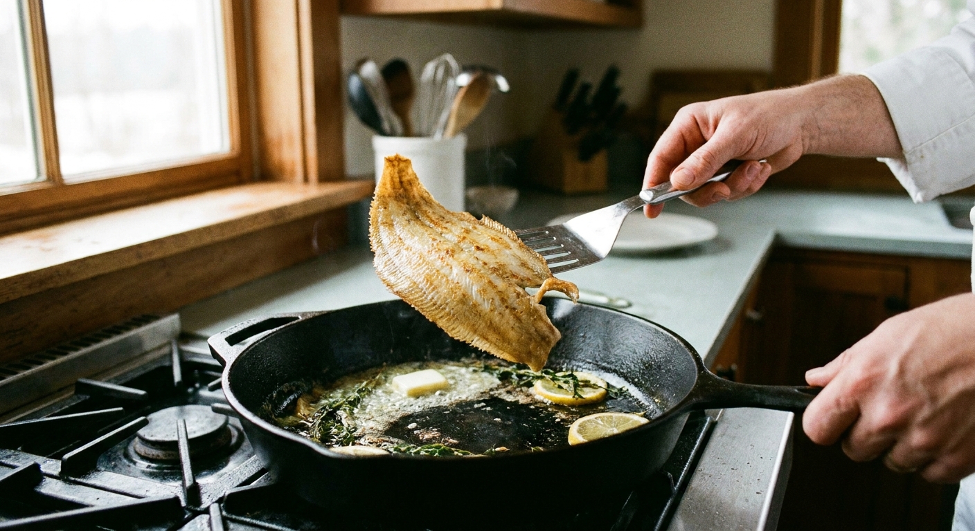 A thin flounder fillet being flipped in a skillet with a fish spatula
