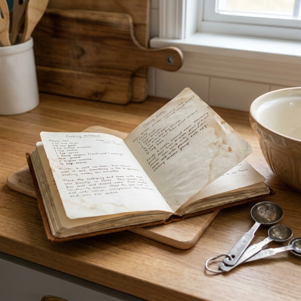 A well-used handwritten cooking notebook open on a kitchen counter next to measuring spoons and a mixing bowl