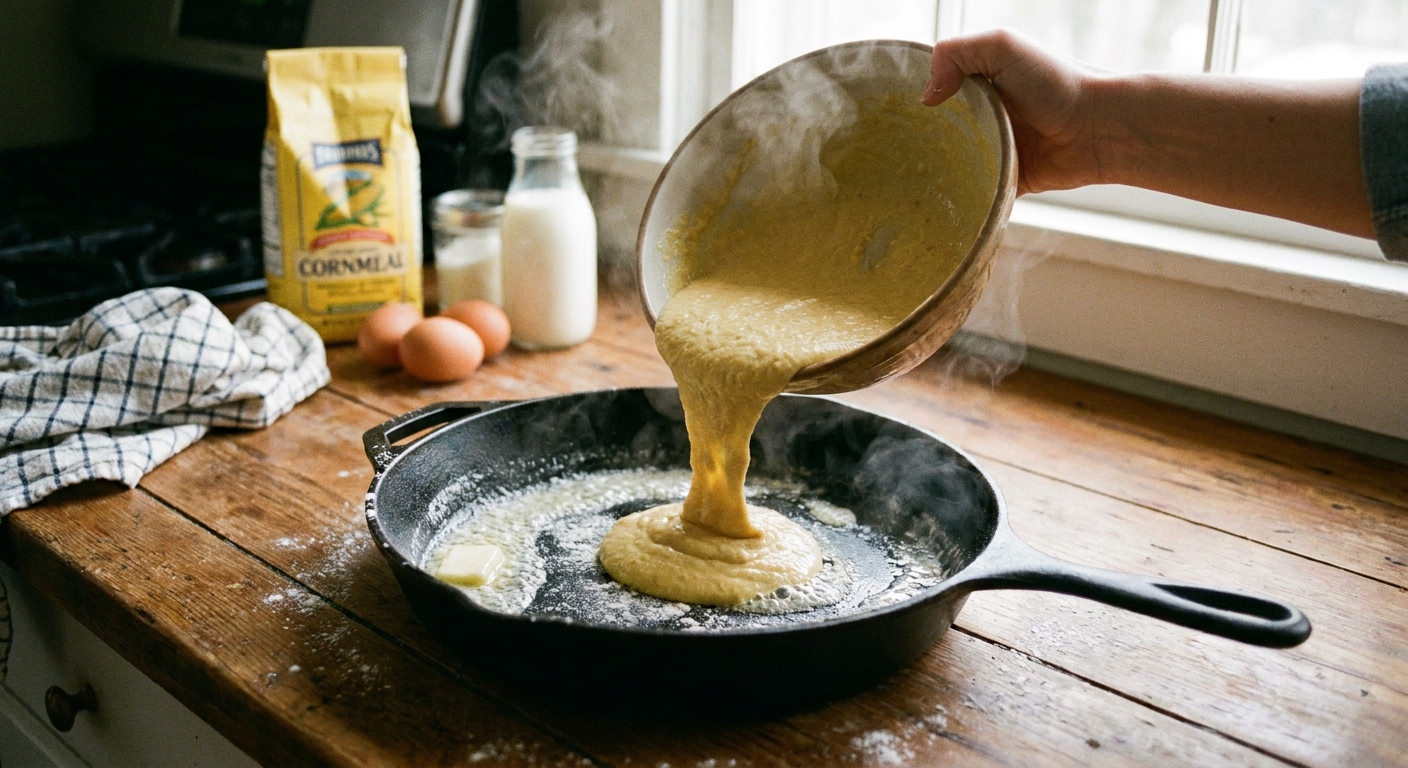 Cornbread batter being poured into a hot, buttered cast-iron skillet on a kitchen counter