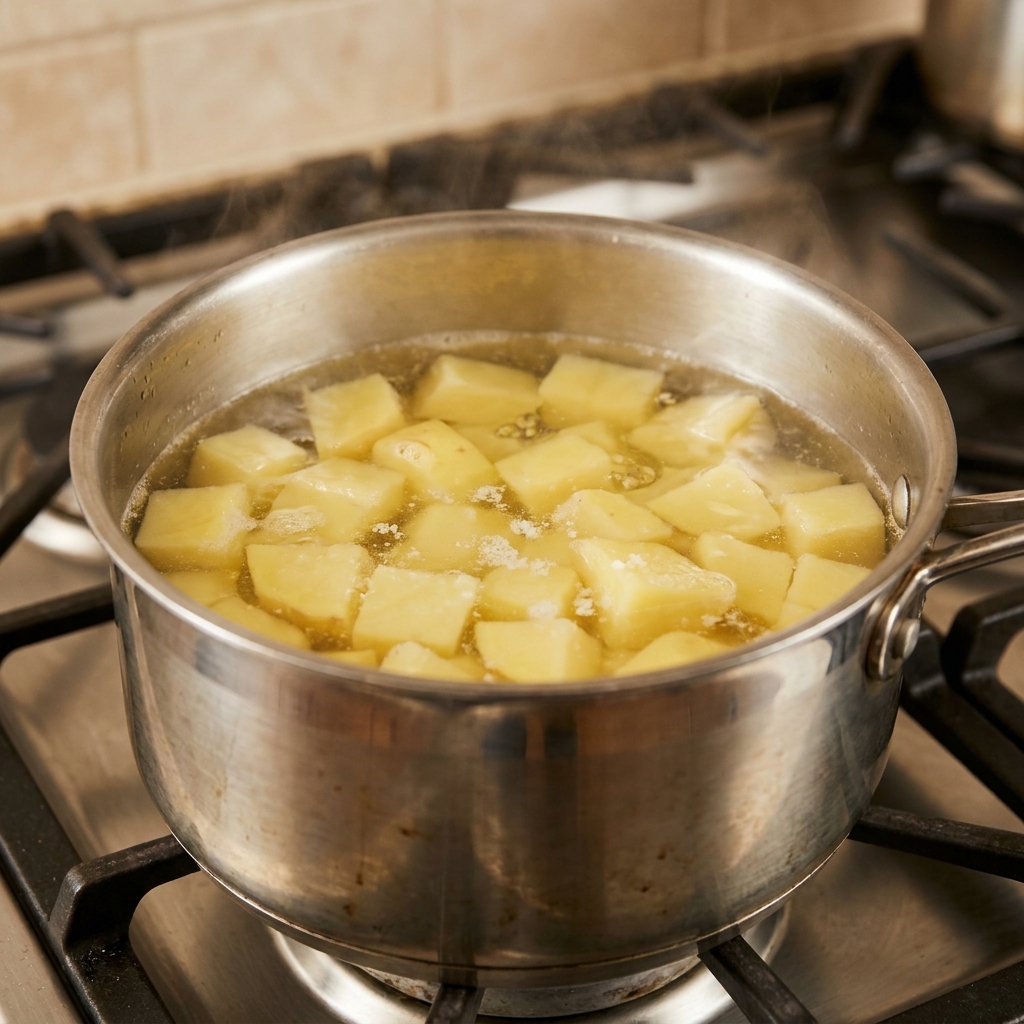 Cubed yellow potatoes simmering in a stainless steel pot of salted water on a stovetop