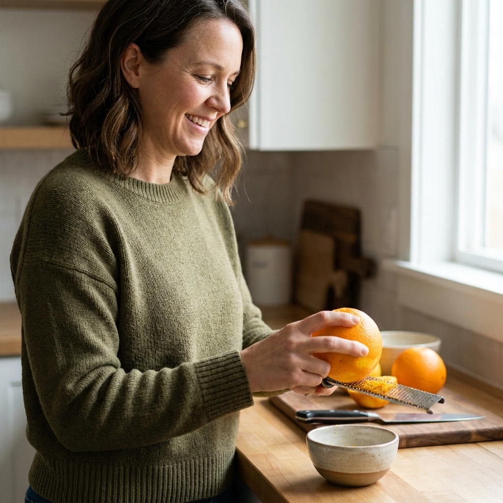 Fresh orange being zested with a microplane over a small bowl on a kitchen counter