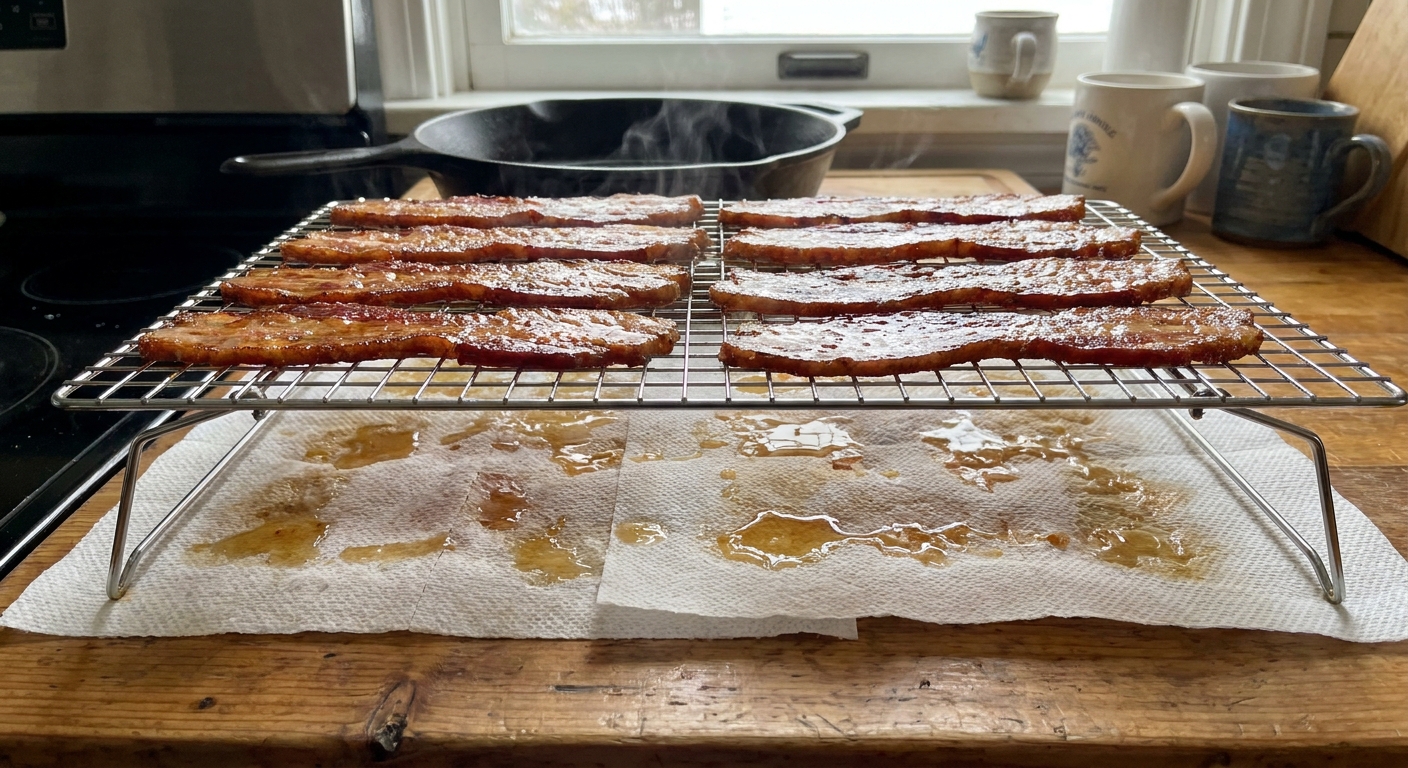 Freshly baked bacon strips resting on a metal cooling rack over paper towels on a kitchen counter, with rendered fat dripping below