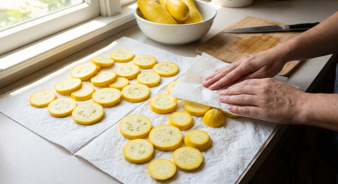 Freshly sliced yellow squash rounds resting on paper towels and being blotted dry before cooking