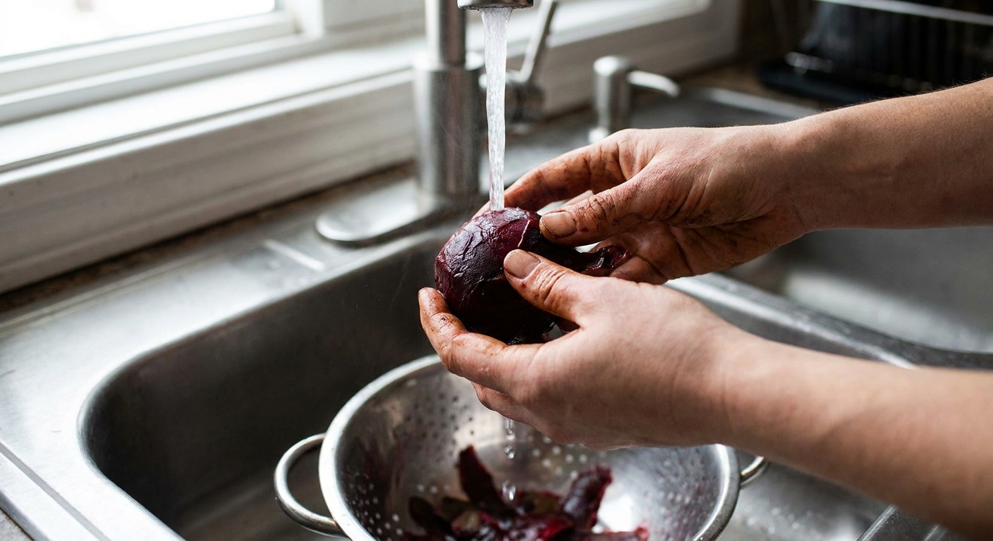 Hands peeling the skin from a warm cooked beet over a sink with running water