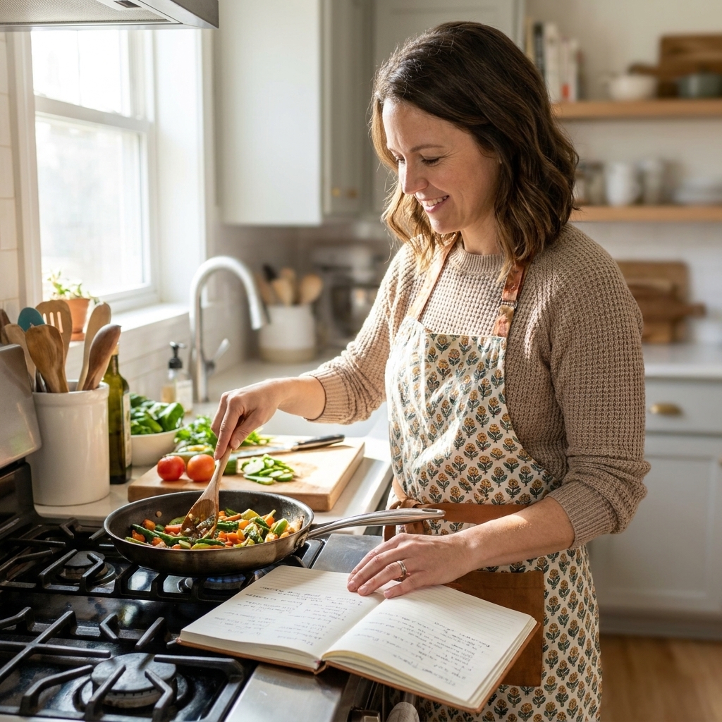 Maya Brooks cooking at a bright home kitchen counter, stirring a skillet while checking a handwritten recipe notebook beside a cutting board