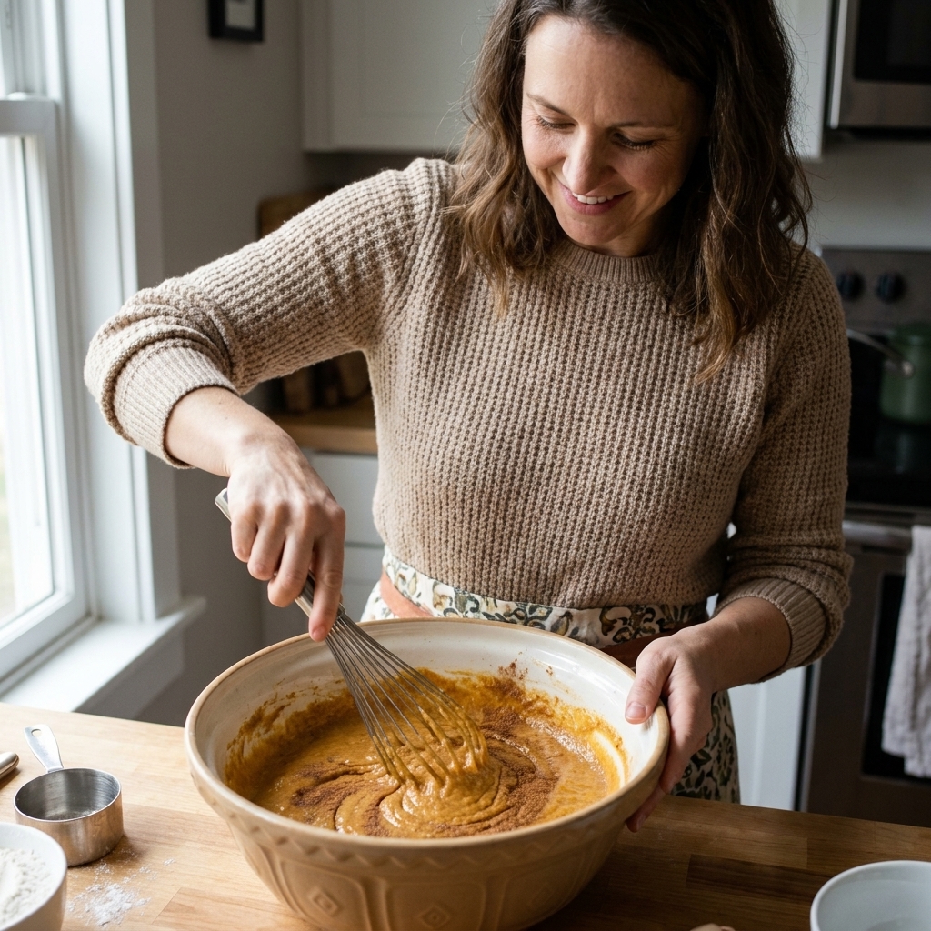 Pumpkin bread batter being whisked in a large mixing bowl with cinnamon and nutmeg streaked through the mixture