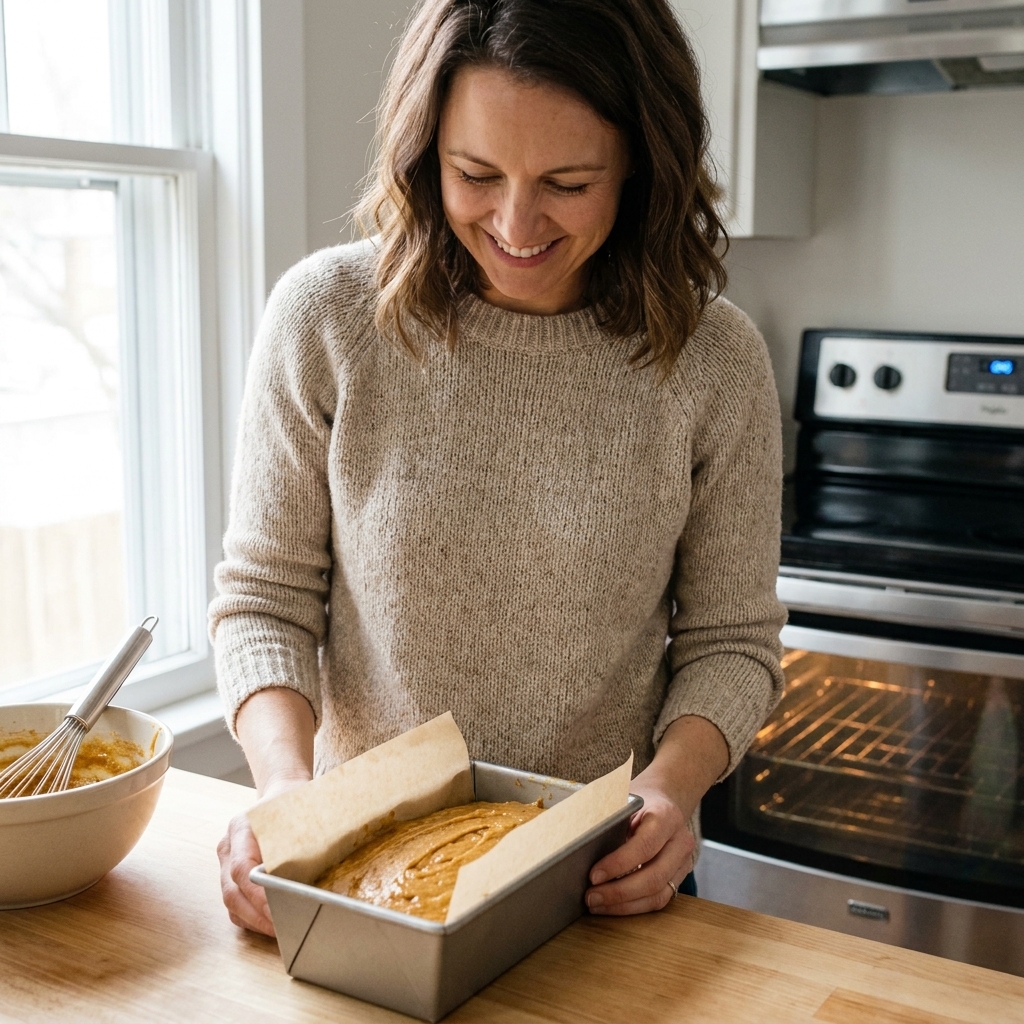 Pumpkin bread batter spread in a parchment-lined loaf pan on a kitchen counter, ready to bake