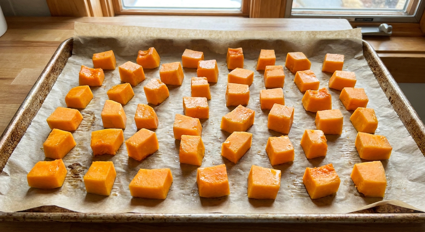 Raw butternut squash cubes spread out on a parchment-lined baking sheet with space between pieces