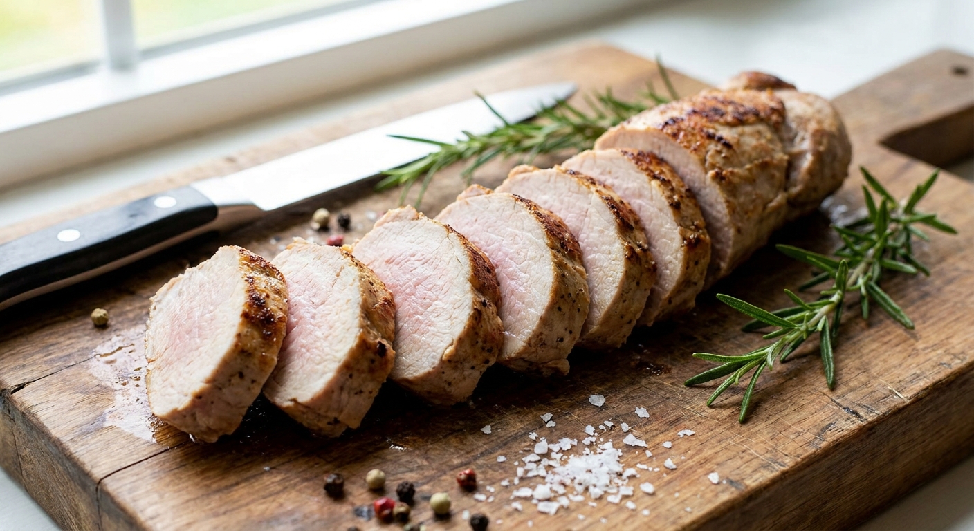 Sliced pork tenderloin arranged on a cutting board with a lightly browned crust and a juicy pale pink center