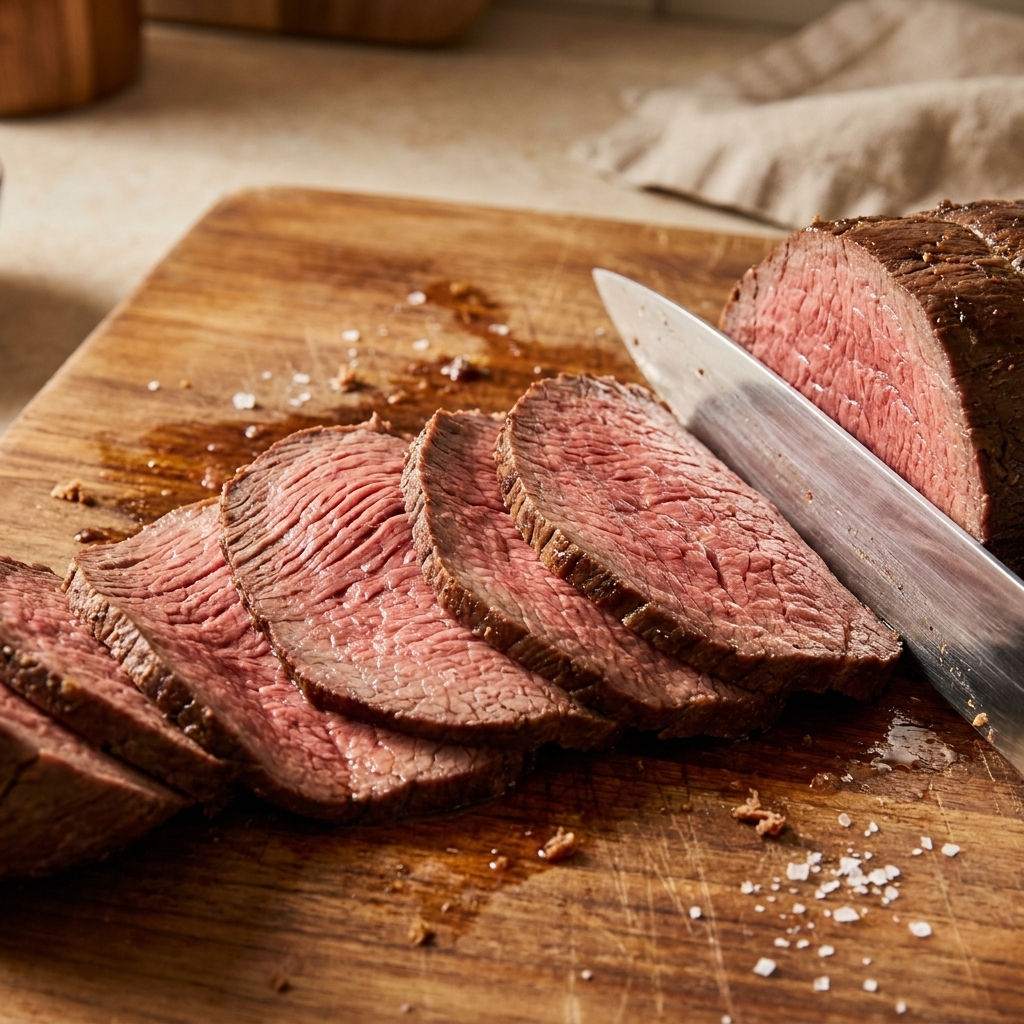 Thin slices of roast beef on a cutting board, cut perpendicular to the visible muscle grain