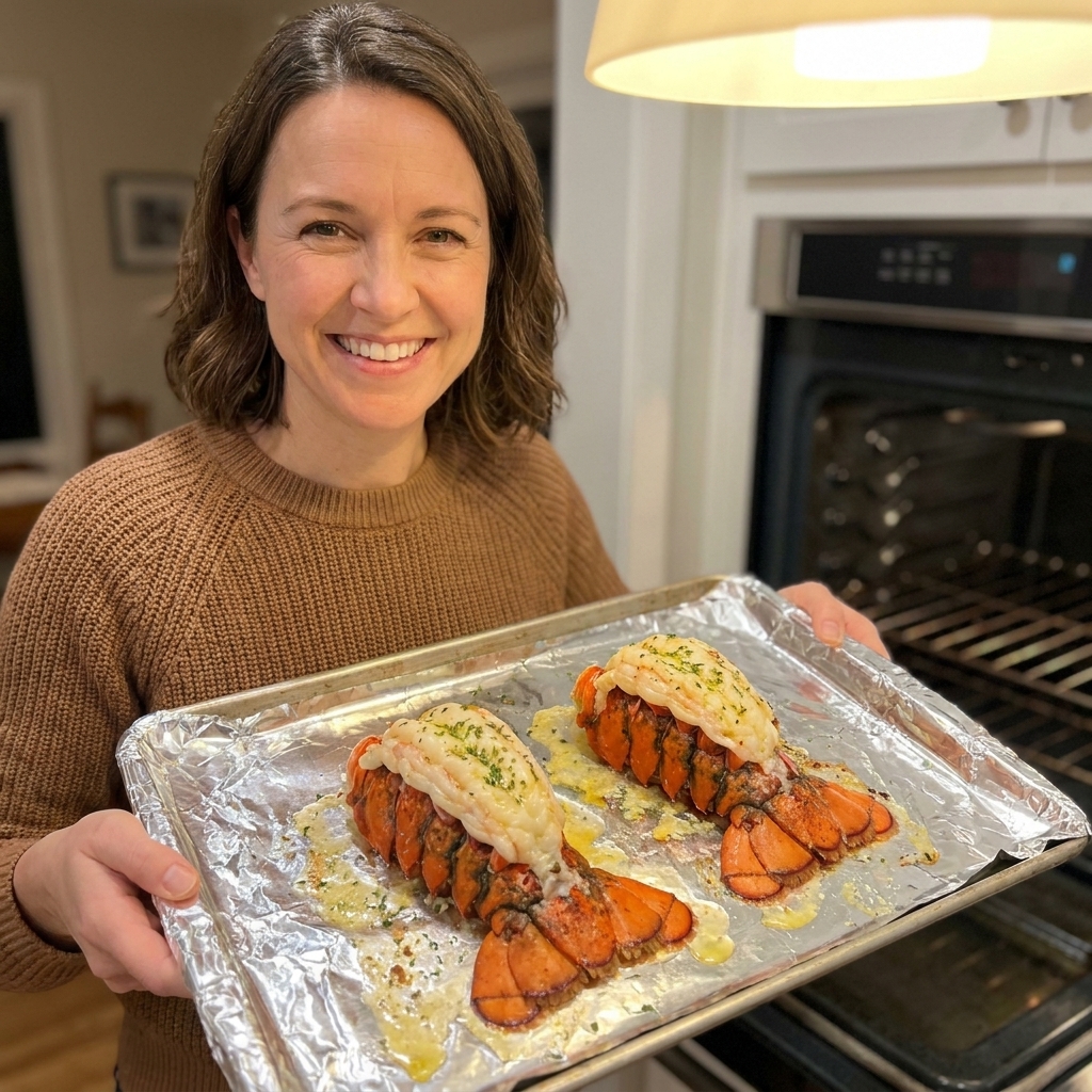 Two lobster tails broiling on a foil-lined sheet pan with the meat sitting on top of the shells