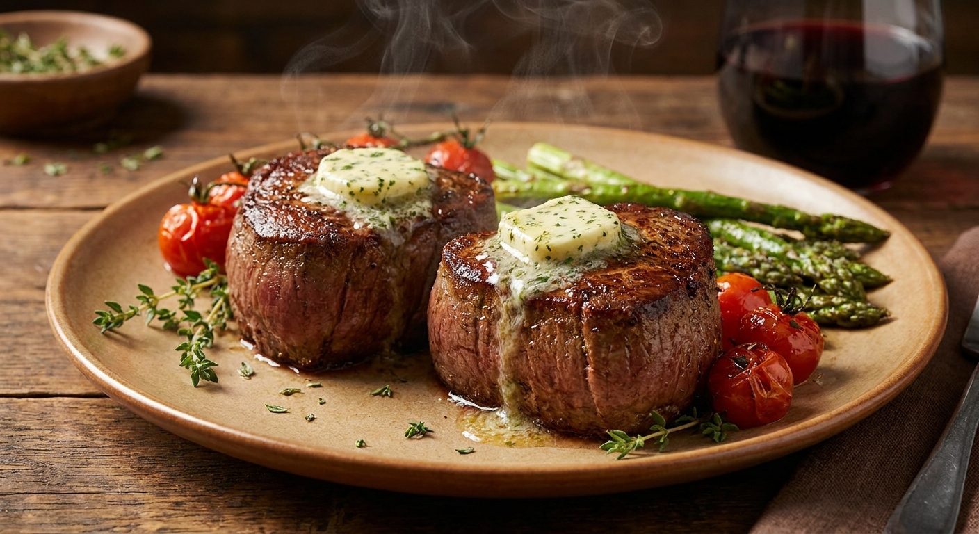 Two pan-seared filet mignon steaks resting on a warm plate with a pat of butter melting on top