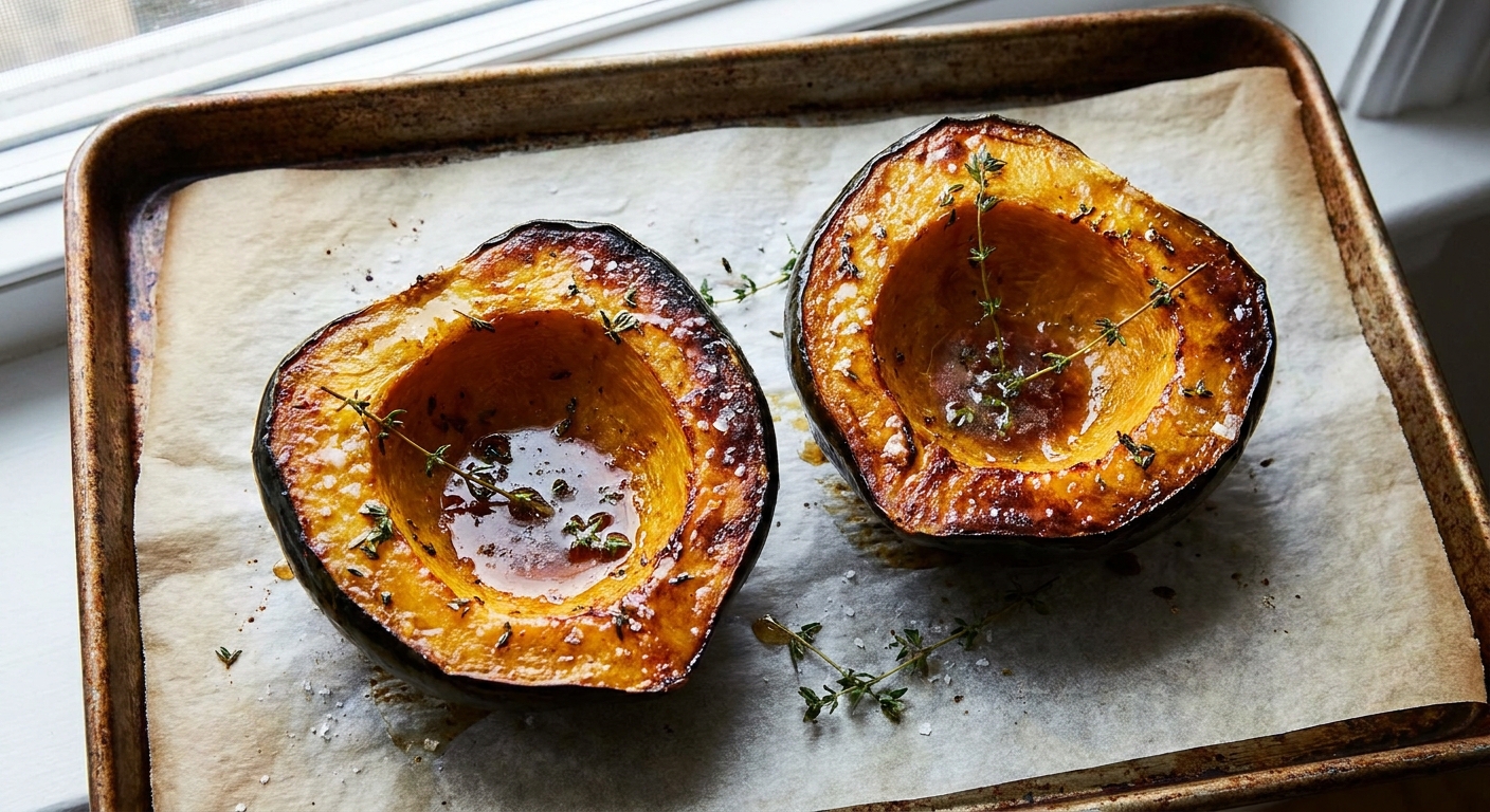 Two roasted acorn squash halves on a parchment-lined sheet pan, cut side up, with caramelized edges and a glossy finish