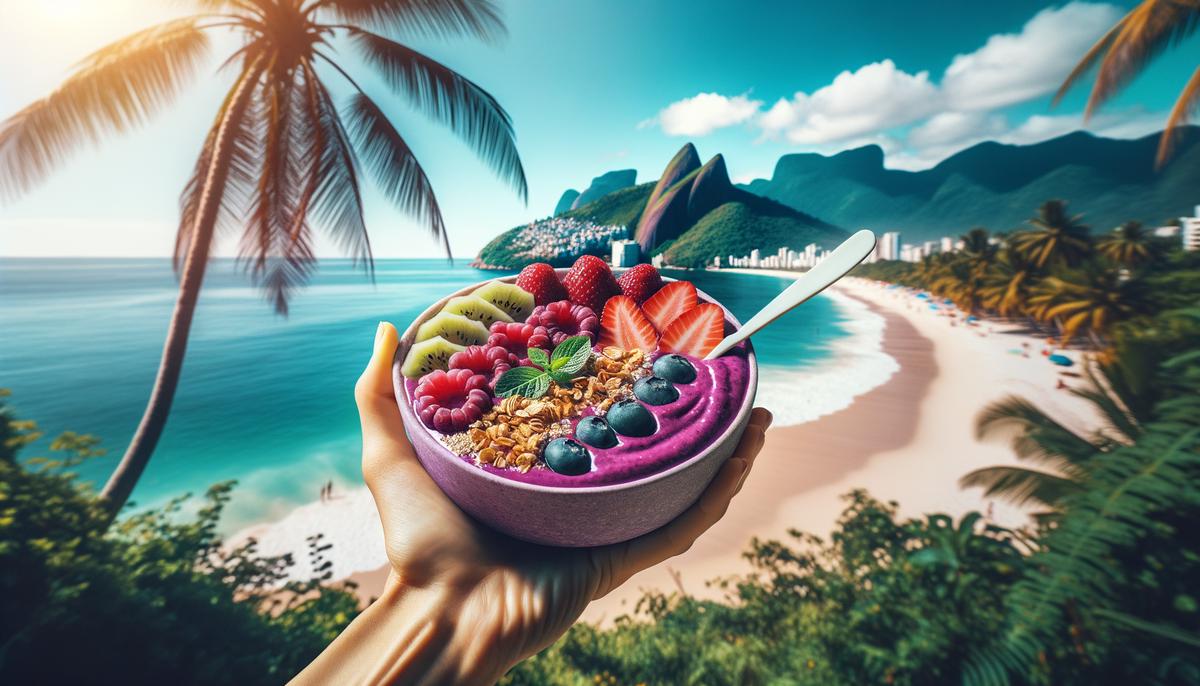 A person holding an acai bowl on a sunny Brazilian beach