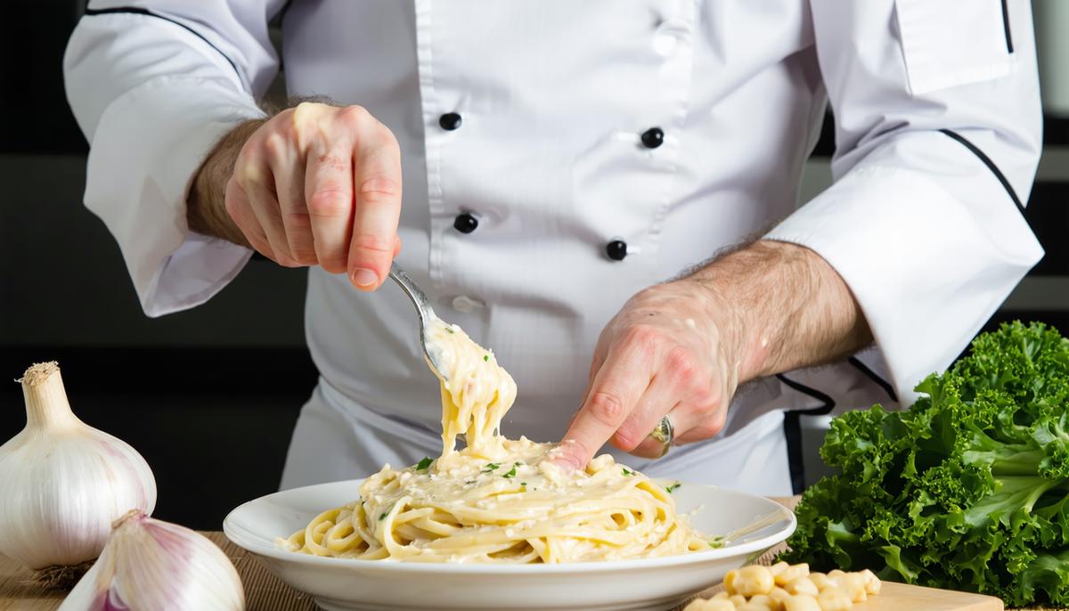 A chef demonstrating the technique of making creamy Alfredo sauce