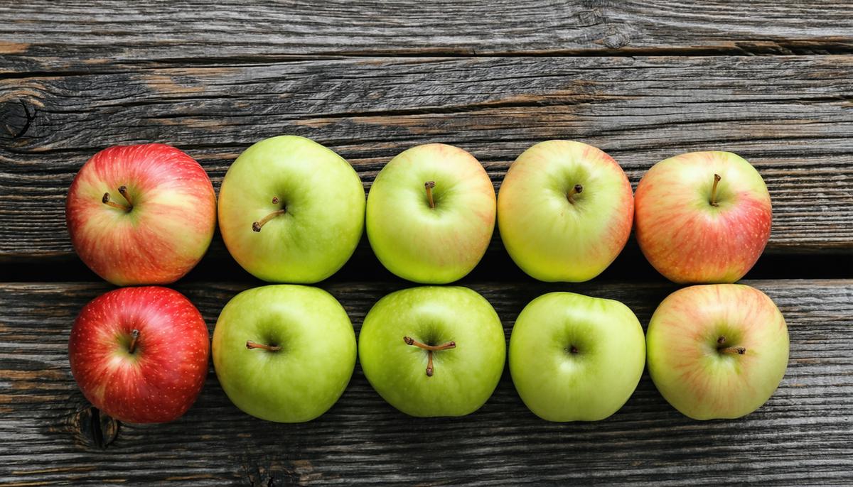 A variety of apples including Granny Smith, Honeycrisp, and Fuji displayed on a rustic wooden surface