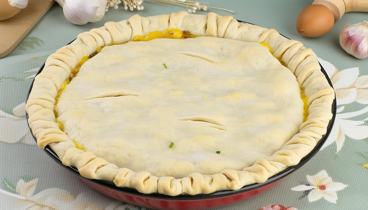 An unbaked chicken pot pie with puff pastry topping, ready to go in the oven