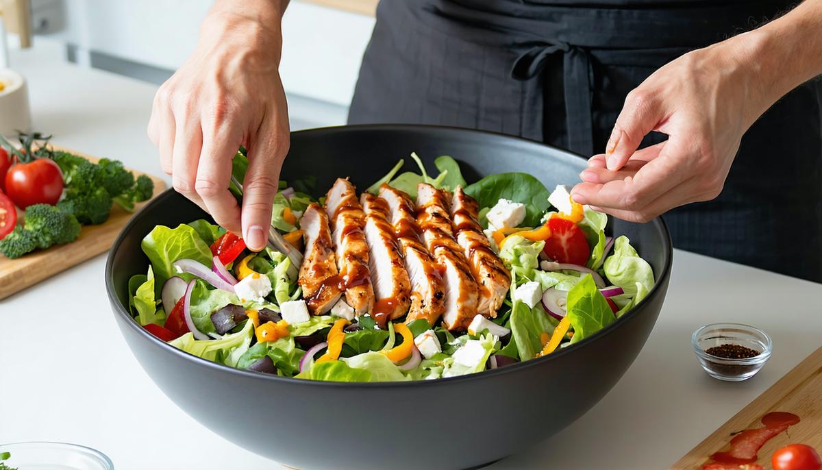 Hands assembling a BBQ chicken salad in a large bowl