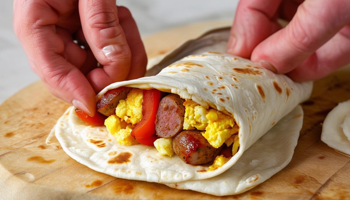Hands assembling a sausage breakfast burrito, showing the layering of ingredients
