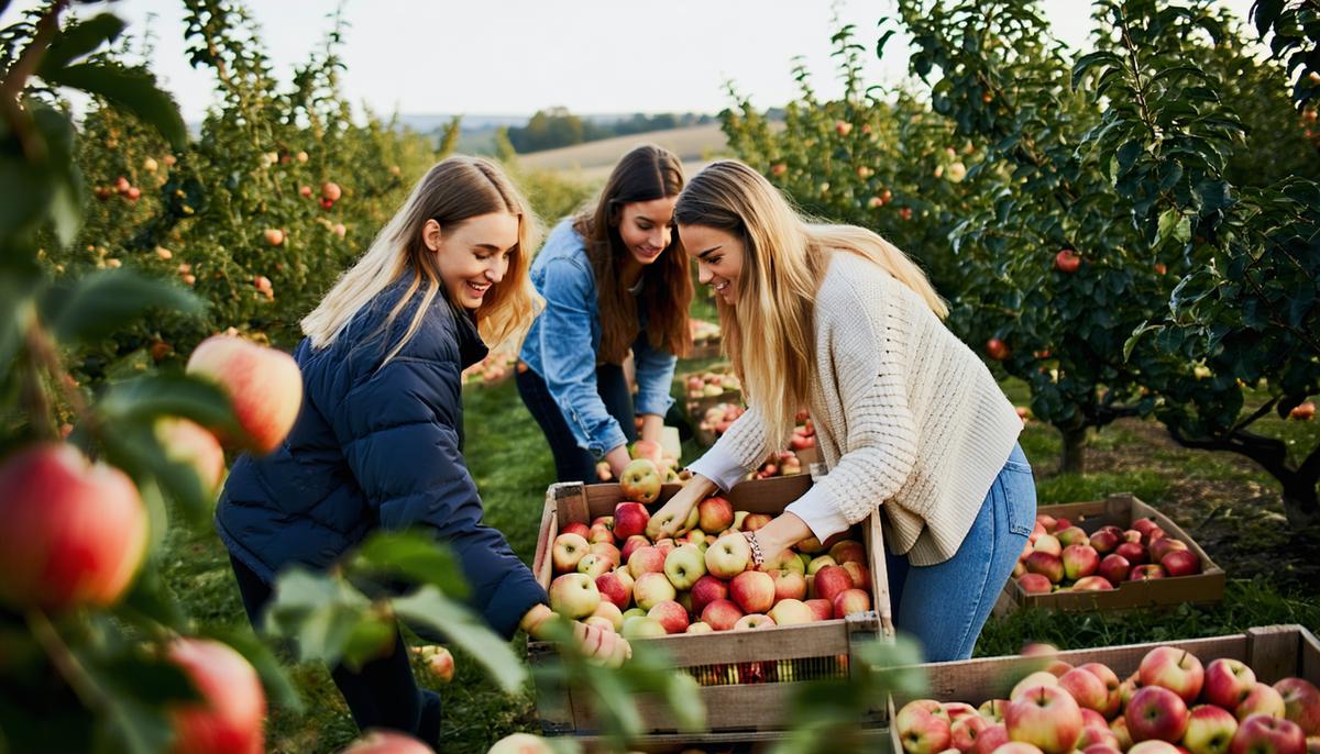 A diverse group of people picking apples in an orchard during autumn