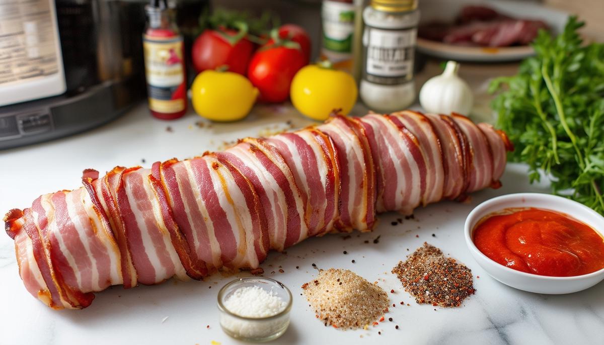 Ingredients and steps for making bacon-wrapped pork tenderloin laid out on a kitchen counter